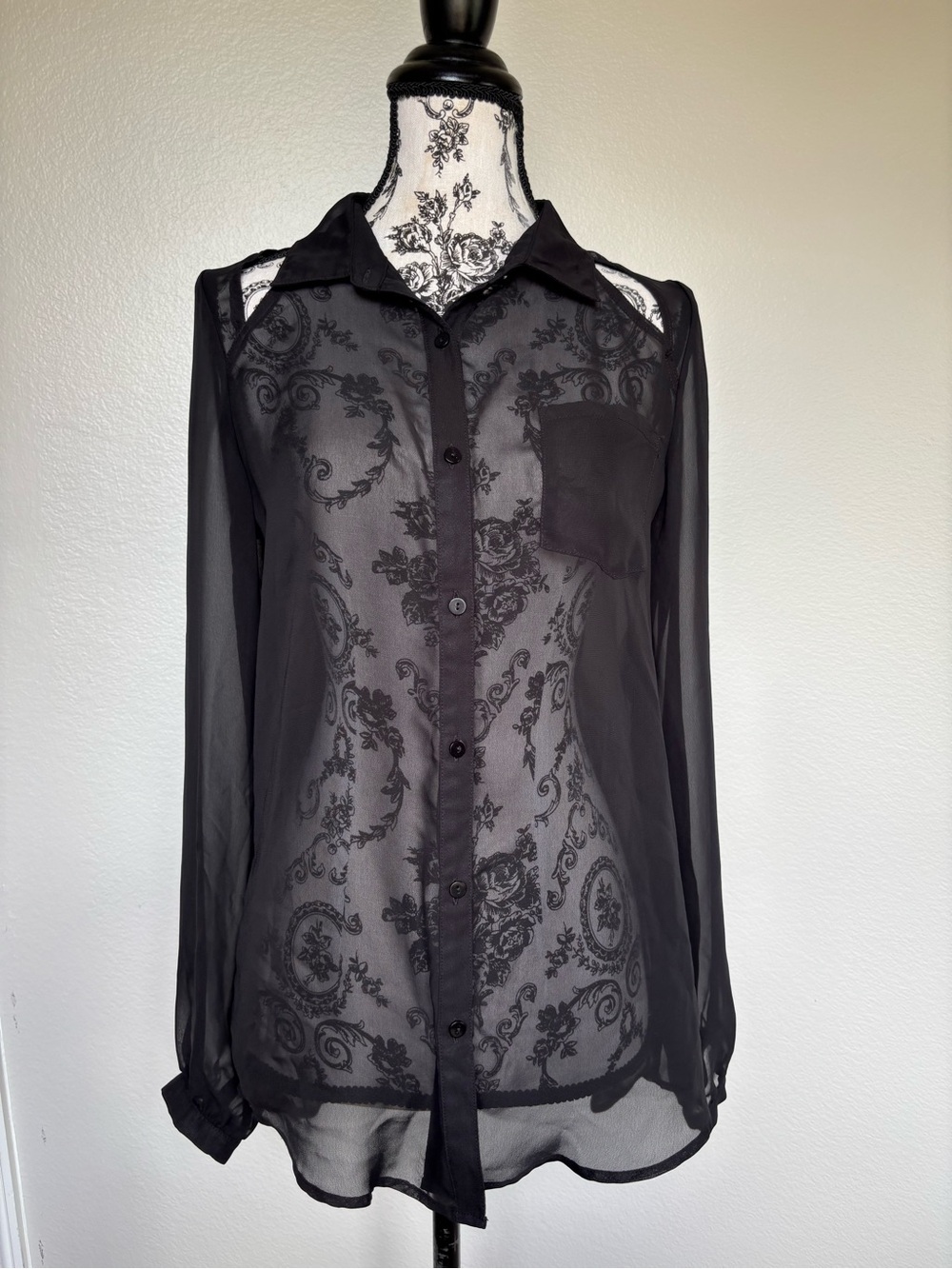 jonathan martin Black Sheer with Open front and back design Button-Down Blouse - Picture 1 of 13
